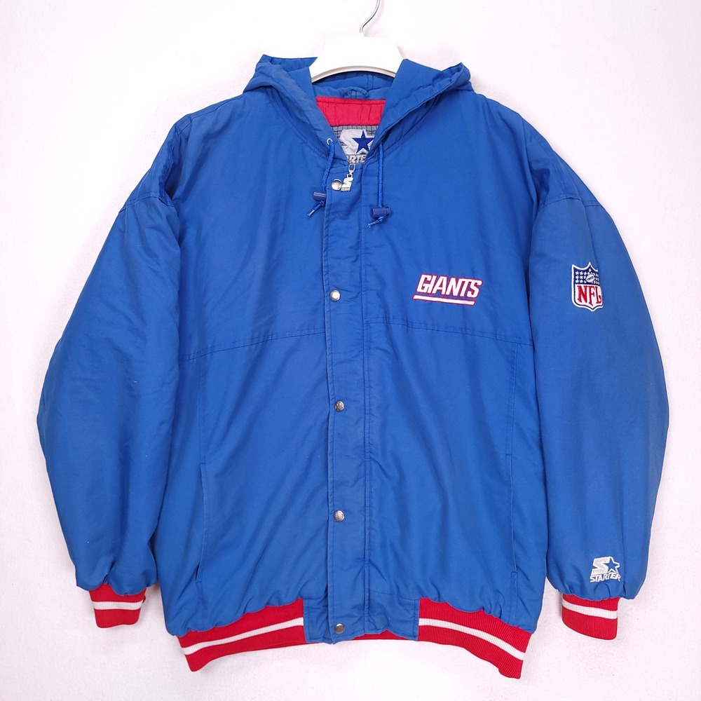 Vintage Starter NFL New York Giants Puffer Jacket Blue Red Mens XL Hooded 90s